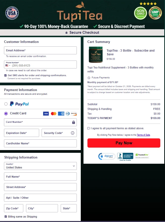 Screenshot of the official Tupi Tea checkout page showing cart summary and payment form