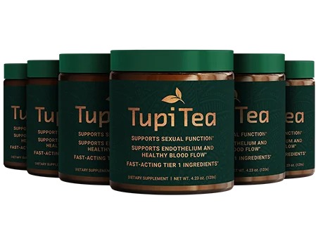 Six jars of Tupi Tea powdered botanical tea for men's circulation, stamina, and libido support