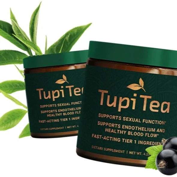 Two Tupi Tea jars with fresh green tea leaves and botanical berries used in the formula
